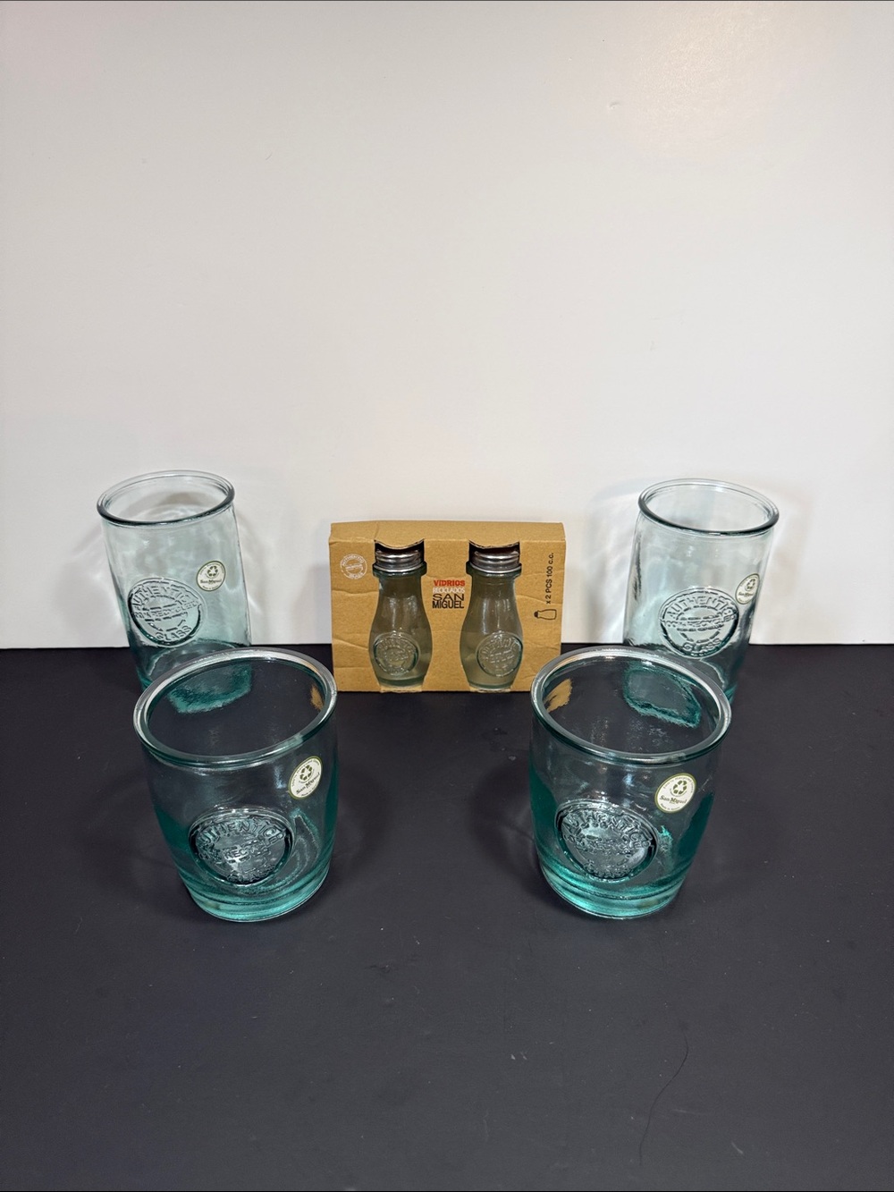 Recycled Glass Tumbler Set and Salt Pepper Shaker in Light Teal